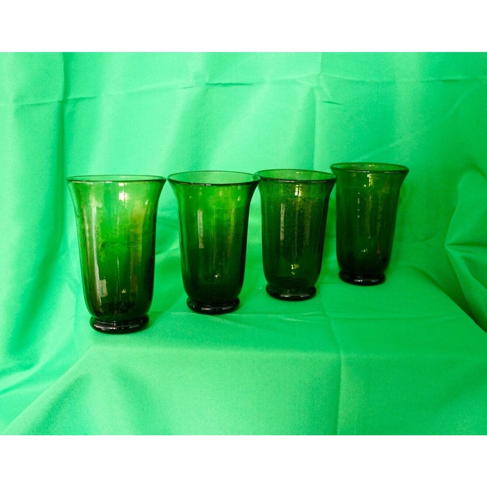 Tumbler Glasses Hand blown Set 4-Vintage  Bubble OLIVE Green Tint Flared Rim